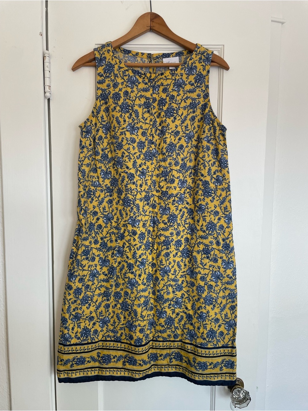 100% Linen Yellow and Blue Floral Shift Dress | Small